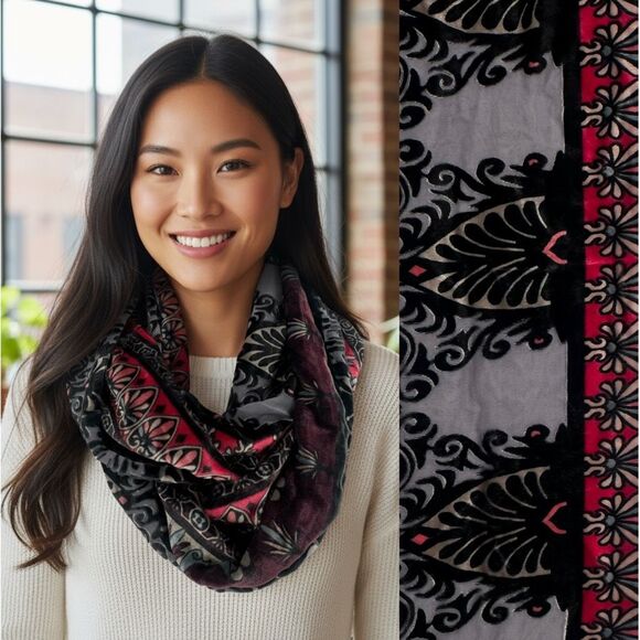 Vintage Velvet Whimsigoth Red & Black Infinity Scarf - Picture 1 of 10